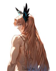 Rule 34 | 1boy, arknights, bird boy, blue eyes, dankashu, facial mark, feather hair, forehead jewel, forehead mark, head wings, highres, long hair, looking at viewer, male focus, non-web source, orange hair, parted bangs, passenger (arknights), self-upload, simple background, solo, upper body, white background, wings