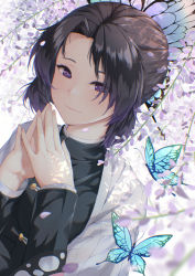 Rule 34 | 1girl, black jacket, bug, butterfly, butterfly hair ornament, closed mouth, commentary request, demon slayer uniform, hair intakes, hair ornament, haori, highres, insect, jacket, japanese clothes, kimetsu no yaiba, kochou shinobu, looking at viewer, own hands together, purple eyes, purple hair, short hair with long locks, sidelocks, smile, solo, thore (nathalukpol), upper body