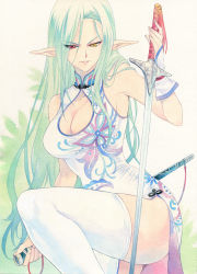 Rule 34 | 1girl, agahari, breasts, china dress, chinese clothes, cleavage, cleavage cutout, clothing cutout, curvy, dress, female focus, green hair, heterochromia, highres, jian (weapon), large breasts, long hair, looking at viewer, original, parted lips, pointy ears, red eyes, sheath, smirk, solo, sword, thighhighs, traditional media, weapon, wide hips, yellow eyes