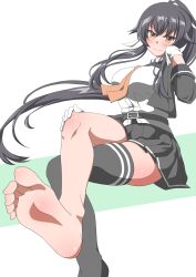 Rule 34 | 1girl, absurdres, black hair, black jacket, black sailor collar, black skirt, black thighhighs, brown eyes, commentary request, commission, feet, feet out of frame, gloves, highres, jacket, kantai collection, long hair, neckerchief, pleated skirt, ponytail, sailor collar, shirt, single thighhigh, skirt, soles, solo, sosorin, thighhighs, white background, white gloves, white shirt, yahagi (kancolle), yahagi kai ni (kancolle), yellow neckerchief