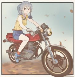 Rule 34 | 1girl, absurdres, alternate costume, blue footwear, blue hair, blue shorts, commentary request, gotland (kancolle), grey hair, hair bun, highres, honda cb250t beet, kantai collection, long hair, mole, mole under eye, motor vehicle, motorcycle, riding, shirt, shorts, single hair bun, sleeveless, sleeveless shirt, solo, tf caf3, tf cafe, yellow shirt