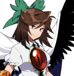 Rule 34 | 1girl, arm cannon, bird wings, black wings, bow, brown hair, closed mouth, commission, green bow, hair bow, kamenozoki momomo, long hair, looking at viewer, red eyes, reiuji utsuho, short sleeves, simple background, skeb commission, smile, solo, third eye, touhou, upper body, weapon, white background, wings