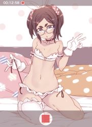 Rule 34 | 1girl, bad id, bad twitter id, black hair, blue-framed eyewear, bow, bra, flat chest, glasses, gloves, hair bow, hair ornament, hair scrunchie, hairband, hand up, highres, looking at viewer, metem puella, navel, panties, parted lips, petite, pillow, polka dot, scrunchie, side-tie panties, single thighhigh, solo, tasaka shinnosuke, thighhighs, twintails, underwear, untying, w, white bra, white gloves, white panties, yellow bow