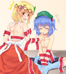 Rule 34 | 2girls, ^^^, aki minoriko, alternate hairstyle, apron, back, bad id, bad pixiv id, bare back, bare shoulders, bdsm, bike shorts, blonde hair, blue hair, blush, bondage, bound, breasts, caught, chocolate, cleavage, closed eyes, female focus, finger in mouth, finger sucking, food, fruit, grapes, hair bobbles, hair ornament, highres, kawashiro nitori, large breasts, leaf, looking back, multiple girls, red eyes, ribbon, saemon (tonpura), sitting, topless, touhou, twintails, two side up, valentine, white chocolate, yuri
