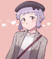 Rule 34 | 1girl, bag, beret, black hat, blush, burndle08, commentary, expressionless, flat chest, grey jacket, hat, heart, idolmaster, idolmaster million live!, jacket, jewelry, long sleeves, looking at viewer, makabe mizuki, necklace, pink background, purple hair, shirt, short hair, shoulder bag, sidelocks, solo, symbol-only commentary, upper body, white shirt, yellow eyes