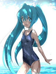 Rule 34 | 1girl, aqua eyes, aqua hair, bad id, bad pixiv id, cowboy shot, domo1220, hatsune miku, long hair, looking at viewer, one-piece swimsuit, open mouth, solo, swimsuit, twintails, very long hair, vocaloid, wading, water, wet