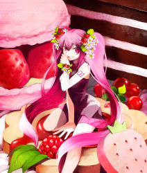 Rule 34 | 1girl, arm support, bad id, bad pixiv id, bracelet, flower, food, food-themed hair ornament, fruit, hair flower, hair ornament, hakusai (tiahszld), hatsune miku, highres, jewelry, long hair, necktie, pink eyes, pink hair, sitting, skirt, solo, strawberry, strawberry blossoms, strawberry hair ornament, twintails, very long hair, vocaloid