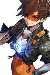 Rule 34 | 1girl, armor, cropped jacket, head-mounted display, hungry clicker, looking at viewer, orange hair, overwatch, shoulder armor, simple background, smile, solo, tracer (overwatch), white background