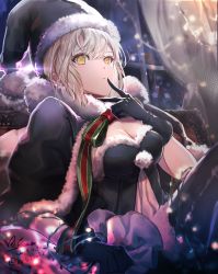 Rule 34 | 1girl, 2019, artoria pendragon (fate), black gloves, blonde hair, breasts, cape, cleavage, curtains, dated, fate/grand order, fate (series), finger to mouth, fur-trimmed cape, fur-trimmed legwear, fur trim, gloves, hat, highres, hirose (10011), looking at viewer, medium breasts, ribbon, saber alter, santa alter, santa costume, santa hat, solo, twitter username, window, yellow eyes
