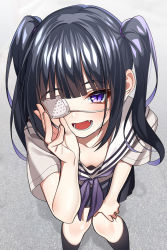 Rule 34 | 1girl, :d, black hair, black skirt, black socks, breasts, commentary request, downblouse, eyepatch, fang, hand on own knee, hand up, highres, kneehighs, leaning forward, long hair, looking at viewer, medical eyepatch, neckerchief, open mouth, original, pleated skirt, purple eyes, purple neckerchief, sailor collar, shirt, short sleeves, skirt, small breasts, smile, socks, solo, standing, the cold, twintails, white sailor collar, white shirt