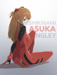 Rule 34 | 1girl, absurdres, ass, blue eyes, bodysuit, brown hair, expressionless, eyepatch, female focus, full body, hair over breasts, highres, lips, long hair, looking at viewer, looking back, neon genesis evangelion, pen guin15, plugsuit, rebuild of evangelion, red bodysuit, shiny skin, sitting, solo, souryuu asuka langley, two side up, wide hips
