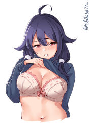 Rule 34 | 1girl, alternate costume, blue sweater, blush, bra, breasts, ebifurya, hair between eyes, hair flaps, highres, kantai collection, large breasts, lifted by self, long hair, long sleeves, looking at viewer, low twintails, navel, pink bra, purple hair, red eyes, simple background, solo, sweater, taigei (kancolle), twintails, twitter username, underwear, white background