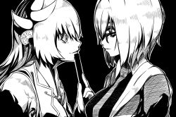 Rule 34 | 2girls, commentary request, empty eyes, face-to-face, hand fan, fate/grand order, fate (series), folding fan, glasses, greyscale, hair ornament, hood, hoodie, horns, idoke kaeru, japanese clothes, kimono, kiyohime (fate), mash kyrielight, monochrome, multiple girls, necktie, parted lips, slit pupils, smile, upper body, yandere