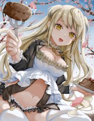 Rule 34 | 1girl, :d, absurdres, arno (ft3014), bad id, bad pixiv id, black jacket, black skirt, blonde hair, breasts, brown eyes, brown neckwear, choker, cleavage, crop top, crop top overhang, desert eagle (girls&#039; frontline), food, fork, frilled choker, frills, garter straps, girls&#039; frontline, highres, holding, jacket, large breasts, long hair, long sleeves, looking at viewer, microskirt, midriff, mole, mole under eye, multicolored hair, navel, open clothes, open jacket, open mouth, revision, shirt, skirt, smile, solo, stomach, streaked hair, thighhighs, two-tone hair, two side up, white shirt, white thighhighs