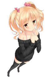 Rule 34 | 1girl, azure (capriccio), bad id, bad pixiv id, bare shoulders, black thighhighs, blonde hair, blush, collarbone, dress, from above, hair ribbon, hands on own chest, no shoes, original, ribbon, short hair, simple background, smile, solo, sweater, sweater dress, thighhighs, twintails, white background, yellow eyes