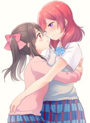 Rule 34 | 10s, 2girls, ame usako, black hair, blush, bow, bowtie, cardigan, couple, eye contact, height difference, hug, long hair, long sleeves, looking at another, love live!, love live! school idol project, multiple girls, mutual hug, nishikino maki, plaid, plaid skirt, pleated skirt, purple eyes, red eyes, red hair, school uniform, shirt, short hair, short sleeves, simple background, skirt, smile, striped bow, striped bowtie, striped clothes, striped neckwear, sweater vest, swept bangs, twintails, white background, white shirt, yazawa nico, yuri