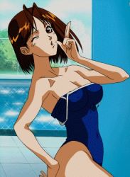 Rule 34 | 1girl, brown eyes, brown hair, lowres, one-piece swimsuit, outdoors, swimsuit, vs mahjong otome ryouran, wink