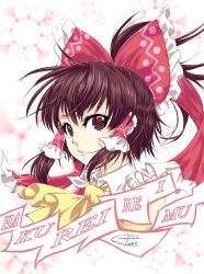 Rule 34 | 1girl, bow, brown eyes, brown hair, character name, classictime, female focus, hair bow, hair tubes, hakurei reimu, highres, ponytail, signature, solo, touhou, white background, wind