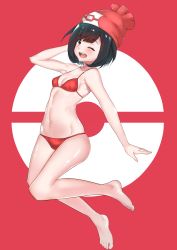 Rule 34 | 1girl, absurdres, barefoot, beanie, bikini, black hair, blue eyes, breasts, creatures (company), game freak, hat, highres, nintendo, one eye closed, pokemon, pokemon sm, red bikini, red hat, selene (pokemon), short hair, small breasts, solo, swimsuit, vitotraps