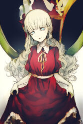 Rule 34 | 1girl, blonde hair, blue eyes, bow, bungou stray dogs, commentary request, cowboy shot, curly hair, dress, elise (bungou stray dogs), frilled dress, frills, gensou aporo, hair bow, head tilt, long hair, looking at viewer, painting (object), parted lips, puffy short sleeves, puffy sleeves, red bow, red dress, short sleeves, skirt hold, smile, solo, standing