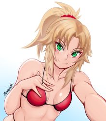 Rule 34 | 1girl, bikini, blush, breasts, breasts apart, cleavage, fate/grand order, fate (series), green eyes, highres, light brown hair, long hair, looking at viewer, medium breasts, mordred (fate), mordred (fate/apocrypha), mordred (swimsuit rider) (first ascension) (fate), ponytail, red bikini, smile, solo, sweat, swimsuit, white background, zealyush