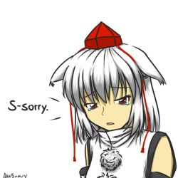 Rule 34 | 1girl, animal ears, bad deviantart id, bad id, bare shoulders, bwsnowy, english text, hat, inubashiri momiji, looking at viewer, pom pom (clothes), red eyes, short hair, signature, silver hair, simple background, solo, tears, tokin hat, touhou, white background, wolf ears