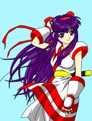 Rule 34 | 1girl, ainu clothes, arm up, breasts, fingerless gloves, gloves, grey eyes, hair ribbon, hand on own head, highres, large breasts, legs, long hair, nakoruru, pants, pink lips, purple eyes, purple hair, ribbon, samurai spirits, smile, snk, solo, the king of fighters, thighs, weapon