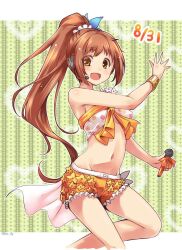 1girl bandeau bare_shoulders blue_ribbon blush bow bracelet breasts brown_eyes brown_hair dot_nose floral_print flower from_side gold_bracelet hair_bow hair_ornament hair_ribbon hair_scrunchie hand_up headset highres holding holding_microphone idolmaster idolmaster_cinderella_girls idolmaster_cinderella_girls_starlight_stage jewelry long_hair looking_at_viewer medium_breasts microphone midriff navel open_mouth orange_bow orange_flower orange_shorts paopao ponytail print_bandeau ribbon scrunchie shorts smile solo standing standing_on_one_leg twitter_username very_long_hair wakabayashi_tomoka white_bandeau white_flower white_scrunchie