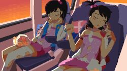 Rule 34 | 2girls, animated, animated gif, bouquet, brown hair, bus, car interior, cinemagraph, closed eyes, flower, futami ami, futami mami, hair bobbles, hair ornament, holding hands, idolmaster, idolmaster (classic), idolmaster cinderella girls, jacket, looping animation, lowres, motor vehicle, multiple girls, neck pillow, pxllb, siblings, side ponytail, single thighhigh, sisters, sleeping, sunset, thighhighs, twins