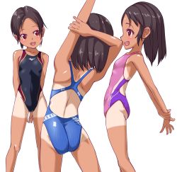 Rule 34 | 3girls, ass, backless swimsuit, blush, breasts, brown hair, child, competition swimsuit, mole, mole under eye, multiple girls, one-piece swimsuit, one-piece tan, open mouth, original, red eyes, short hair, small breasts, smile, stretching, sushoyushi, swimsuit, tan, tanline