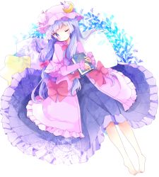 Rule 34 | 1girl, bad id, bad pixiv id, barefoot, blush, book, bow, capelet, closed mouth, commentary request, crescent, dress, hair bow, hat, highres, holding, holding book, long hair, long sleeves, looking at viewer, lying, mob cap, on back, one eye closed, patchouli knowledge, pillow, pink capelet, pink dress, pink hat, purple bow, purple dress, purple eyes, purple hair, red bow, revision, sleeves past wrists, solo, star-shaped pillow, star (symbol), touhou, tsukiyo (skymint), very long hair, white background