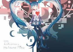 Rule 34 | 1girl, absurdly long hair, absurdres, anniversary, aqua hair, aqua nails, aqua necktie, bare shoulders, black skirt, black thighhighs, blush, character name, closed eyes, commentary, creator connection, detached sleeves, glowing, glowing heart, grey shirt, hair ornament, hatsune miku, heart, heart on chest, highres, light blush, long hair, nail polish, necktie, rolling girl (vocaloid), shirt, shoulder tattoo, sitting, skirt, sleeveless, sleeveless shirt, smile, solo, songover, tattoo, thighhighs, toosenbo (vocaloid), tsukonin p, twintails, unknown mother goose (vocaloid), ura-omote lovers (vocaloid), very long hair, vocaloid, wowaka