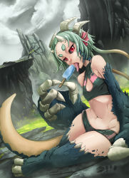 Rule 34 | + +, 1girl, bad deviantart id, bad id, bankage, bare shoulders, black sclera, claws, cleavage cutout, clothing cutout, colored sclera, dragon girl, dutch angle, eyebrows, eyelashes, flat chest, food, green hair, halterneck, horns, lips, lying, midriff, monster girl, navel, on side, original, popsicle, red eyes, scales, short shorts, shorts, solo focus, tail, thick eyebrows, tongue, tongue out