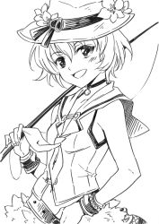 Rule 34 | 1girl, agahari, greyscale, hat, ion (rune factory), monochrome, open mouth, rune factory, rune factory 3, short hair, simple background, smile, solo, white background