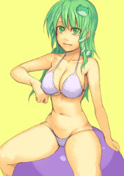 Rule 34 | 1girl, arm support, bad id, bad pixiv id, bikini, breasts, cleavage, female focus, frog, green eyes, green hair, groin, hair ornament, halterneck, kochiya sanae, large breasts, long hair, matching hair/eyes, navel, simple background, sitting, snake hair ornament, solo, swimsuit, touhou, underboob, yellow background, yuuji (and)