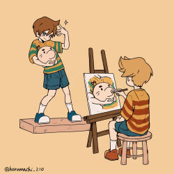 Rule 34 | 2boys, back, blonde hair, blue eyes, brown hair, child, claus (mother 3), commentary request, doseisan, easel, full body, haru-cho, highres, lucas (mother 3), male focus, mother (game), mother 3, multiple boys, nintendo, painting (action), shirt, short hair, shorts, siblings, sitting, smile, striped clothes, striped shirt
