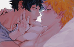 2boys, absurdres, bakugou katsuki, black hair, boku no hero academia, close-up, commentary request, eye contact, face, face-to-face, green eyes, grey shirt, hand on another&#039;s cheek, hand on another&#039;s face, hand on another&#039;s neck, highres, imminent kiss, looking at another, male focus, midoriya izuku, multiple boys, orange hair, parted lips, pectorals, profile, shirt, shirtless, short hair, wengwengchim, yaoi
