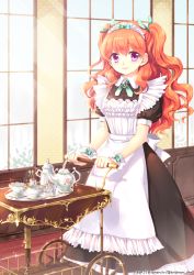 Rule 34 | 1girl, apron, black dress, brooch, cart, cup, dress, green ribbon, indoors, jewelry, long hair, looking at viewer, maid, maid apron, maid headdress, moe2015, neck ribbon, original, puffy short sleeves, puffy sleeves, purple eyes, red hair, ribbon, saucer, short sleeves, smile, solo, standing, sunlight, tea set, teacup, teapot, tray, trianon, two side up, watermark, wavy hair, web address, window, wing collar, wrist cuffs