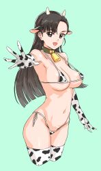 Rule 34 | 1girl, absurdres, animal ears, animal print, bell, bikini, black hair, breasts, brown eyes, cow ears, cow horns, cow print, cow print bikini, cowbell, elbow gloves, fake animal ears, fake horns, girls und panzer, gloves, green background, highres, horns, kuppipi ramutarou, large areolae, large breasts, long hair, looking at viewer, micro bikini, navel, neck bell, nishi kinuyo, open mouth, print bikini, side-tie bikini bottom, simple background, smile, solo, swimsuit, thighhighs