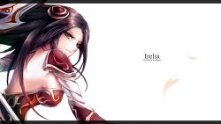 Rule 34 | 1girl, bare back, beancurd, black hair, breasts, brown eyes, character name, highres, irelia, large breasts, league of legends, letterboxed, sideboob, simple background, solo, white background