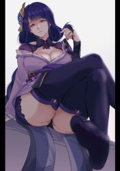 Rule 34 | 1girl, black panties, breasts, cleavage, closed mouth, crossed legs, fingernails, foot focus, genshin impact, large breasts, lips, long hair, looking at viewer, nail polish, negom, panties, pillarboxed, pink eyes, purple hair, purple nails, purple thighhighs, raiden shogun, simple background, sitting, solo, thighhighs, thighs, twitter username, underwear, white background