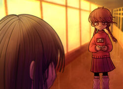 Rule 34 | 2girls, black hair, braid, brown hair, holding, interior, linterteatime, long hair, long sleeves, madotsuki, monoe, multiple girls, pink shirt, pink sweater, shirt, skirt, socks, sweater, turtleneck, twin braids, twintails, unusually open eyes, yume nikki