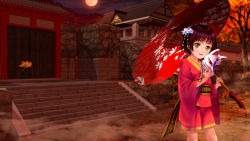 Rule 34 | 1girl, architecture, autumn leaves, black hair, blue eyes, blunt bangs, blush, east asian architecture, flower, fox mask, full moon, hair ornament, highres, holding, holding umbrella, japanese clothes, looking at viewer, mask, moon, mutsuki (moonknives), oil-paper umbrella, open mouth, original, purple hair, short hair, shrine, smile, solo, umbrella, yellow eyes