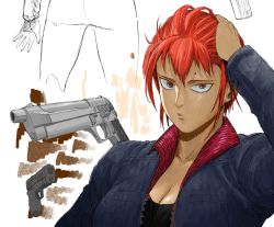 Rule 34 | 1girl, beretta 92, black shirt, blue jacket, breasts, brown eyes, cleavage, closed mouth, commentary, copyright request, english commentary, gun, hair between eyes, hand on own head, hand up, handgun, jacket, long sleeves, looking at viewer, mismatched pupils, mole above eye, open clothes, open jacket, red eyes, red hair, sanpaku, shirt, short hair, slit pupils, upper body, weapon, y naf