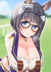 Rule 34 | 1girl, absurdres, animal ears, black hair, blue eyes, blurry, blurry background, braid, breasts, cleavage, collar, collarbone, commentary request, starting future (umamusume), factory314, glasses, heavy breathing, highres, horse ears, large breasts, racetrack, side braid, solo, sweat, umamusume, zenno rob roy (umamusume)