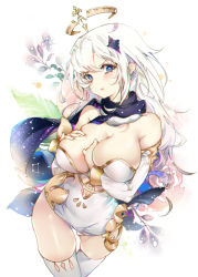 Rule 34 | 1girl, alternate breast size, blue eyes, blush, breasts, cleavage, dress, genshin impact, hair ornament, halo, kinokohime, large breasts, long hair, paimon (genshin impact), pout, scarf, skindentation, sleeveless, sleeveless dress, solo, thighhighs, thighs, white background, white hair, white thighhighs