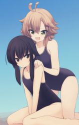 Rule 34 | &gt;:d, 2girls, :d, ahoge, arched back, between legs, black eyes, black hair, blue one-piece swimsuit, closed mouth, collarbone, day, expressionless, hair between eyes, hair flaps, hair ornament, hairclip, hand between legs, kneeling, looking at another, looking at viewer, multiple girls, natsuki teru, nekomiya ryuu, one-piece swimsuit, open mouth, original, outdoors, school swimsuit, shikibe ayaka, short hair, short hair with long locks, sitting, smile, swimsuit, thighs, v-shaped eyebrows, v arms, wariza