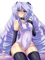 Rule 34 | 1girl, bare shoulders, big hair, black gloves, black thighhighs, blush, cameltoe, collar, collarbone, covered navel, drill hair, elbow gloves, female focus, frown, gloves, hair ornament, kyoukaisenjou no horizon, long hair, looking at viewer, nate mitotsudaira, nishida megane, nose blush, one-piece swimsuit, shiny clothes, shiny skin, silver hair, sitting, solo, swimsuit, thighhighs, very long hair, yellow eyes