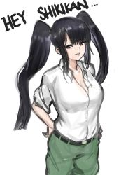 Rule 34 | 1girl, absurdres, azur lane, belt, black belt, black hair, breasts, character request, cleavage, collarbone, collared shirt, commentary, cosplay, english commentary, family guy, green shorts, hair behind ear, highres, kowai (iamkowai), looking to the side, medium breasts, name connection, parted lips, peter griffin, peter griffin (cosplay), peter strasser (azur lane), shirt, shorts, smile, solo, twintails, white background, white shirt
