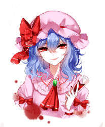 Rule 34 | 1girl, absurdres, ambiguous red liquid, ascot, bad id, bad pixiv id, blood, blood stain, blue hair, bow, brooch, cup, drinking glass, frilled hat, frilled shirt collar, frilled sleeves, frills, hair between eyes, hat, hat bow, hat ribbon, highres, jewelry, looking at viewer, mob cap, open mouth, pink hat, pink shirt, puffy short sleeves, puffy sleeves, red ascot, red bow, red eyes, red ribbon, remilia scarlet, ribbon, sheya, shirt, short sleeves, smile, solo, touhou, upper body, white background, wine glass, wrist cuffs